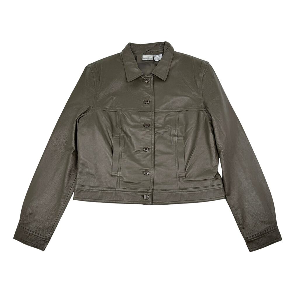 Vintage Newport News Olive Green Leather Jacket Button Front 90s Y2K Size 14